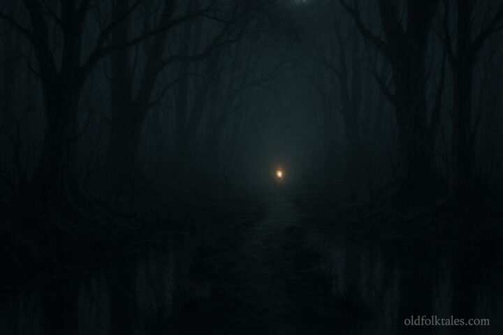 A glowing light guiding a path through a dark swamp at night