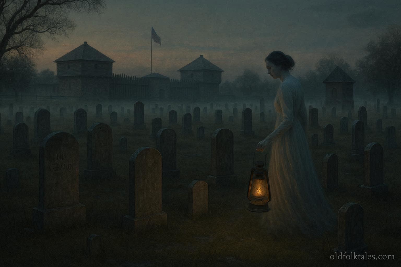 Ghostly woman walking among graves at Fort Gibson cemetery searching for a soldier