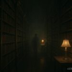 Shadowy figure moving through empty aisles of Peoria library at night, representing the library ghost legend
