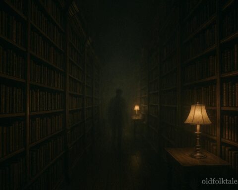 Shadowy figure moving through empty aisles of Peoria library at night, representing the library ghost legend
