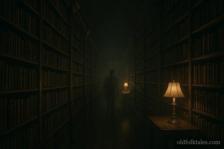 Shadowy figure moving through empty aisles of Peoria library at night, representing the library ghost legend