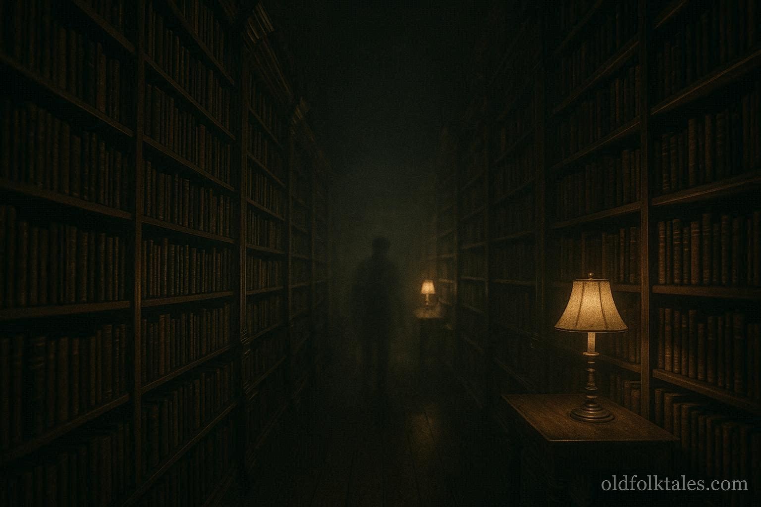 Shadowy figure moving through empty aisles of Peoria library at night, representing the library ghost legend