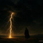 Lightning repeatedly striking near a lone person standing under a stormy sky