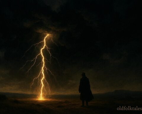 Lightning repeatedly striking near a lone person standing under a stormy sky