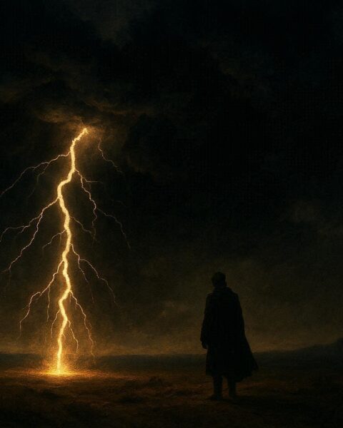 Lightning repeatedly striking near a lone person standing under a stormy sky