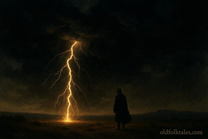 Lightning repeatedly striking near a lone person standing under a stormy sky