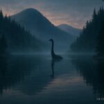 A long neck shape rising from a calm lake at dusk