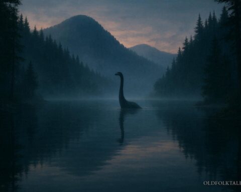 A long neck shape rising from a calm lake at dusk