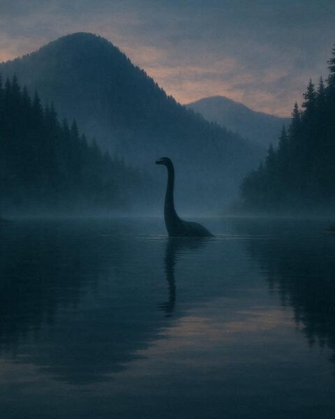 A long neck shape rising from a calm lake at dusk