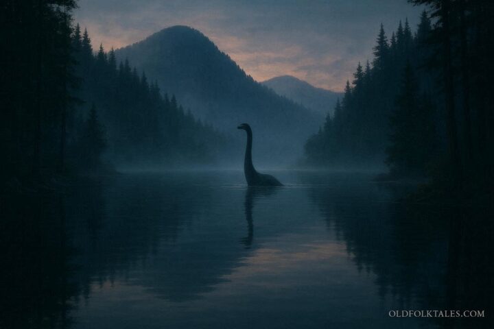A long neck shape rising from a calm lake at dusk