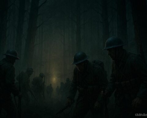 World War I soldiers moving through dark forest guided by mysterious presence