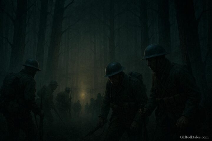 World War I soldiers moving through dark forest guided by mysterious presence