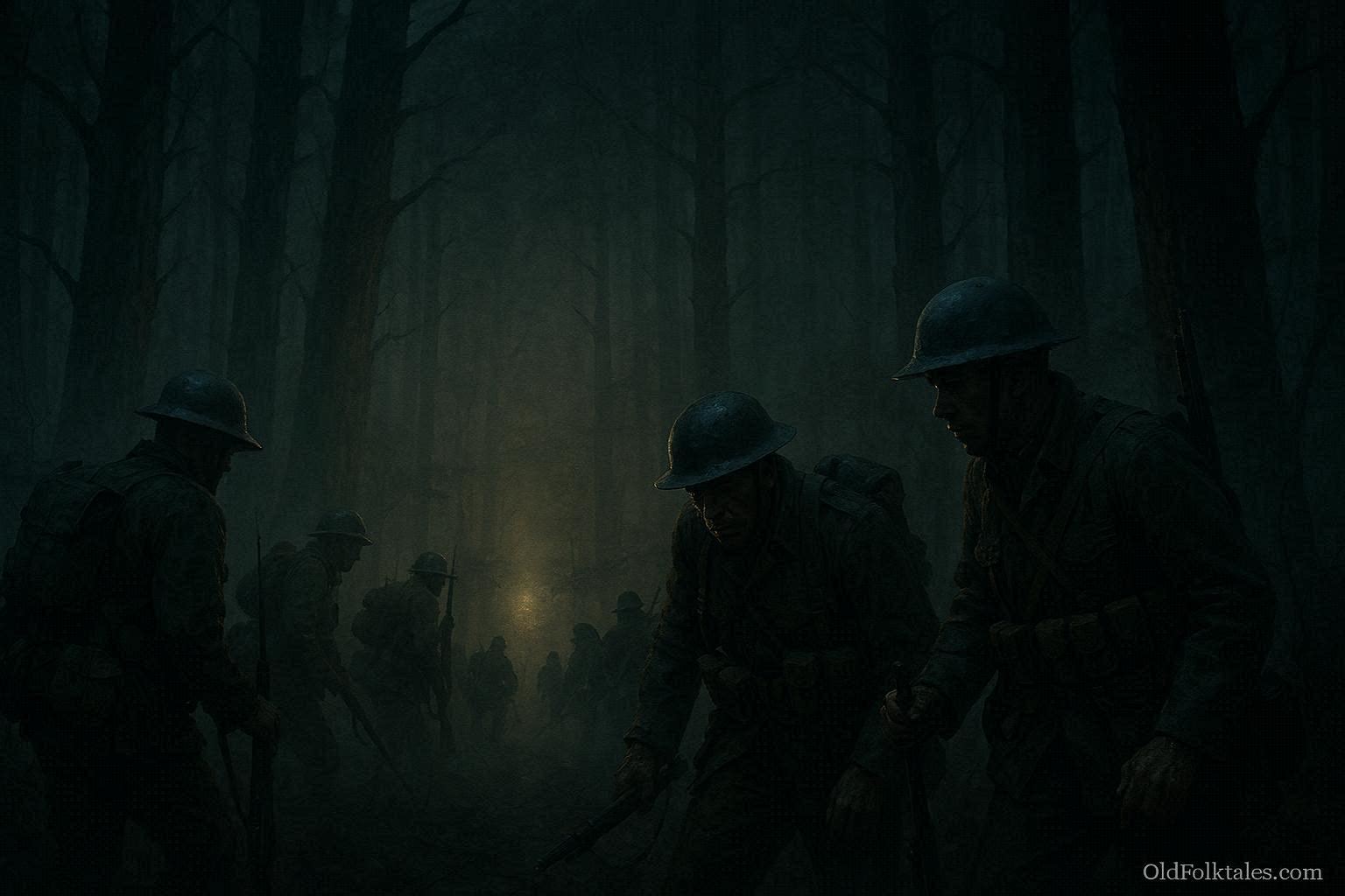 World War I soldiers moving through dark forest guided by mysterious presence