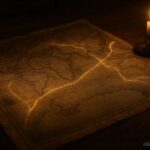 An old map with glowing lines that appear to change direction