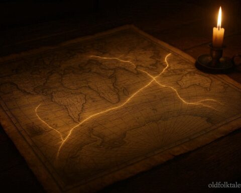 An old map with glowing lines that appear to change direction