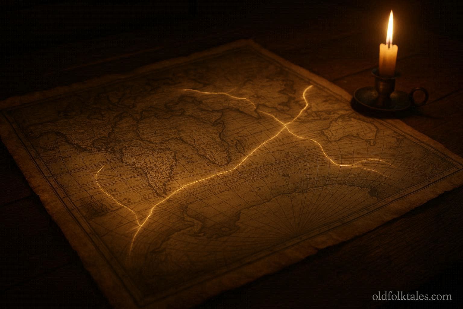 An old map with glowing lines that appear to change direction