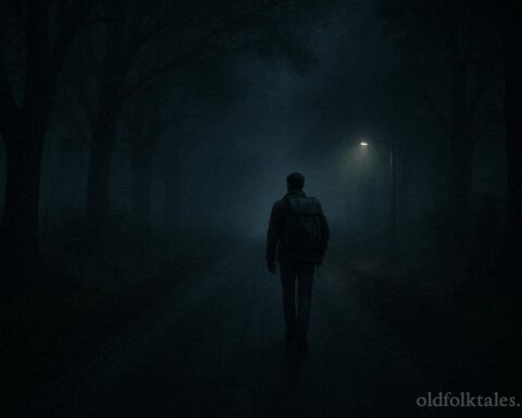 A lone traveler walking on a dark road at night with an unseen presence behind