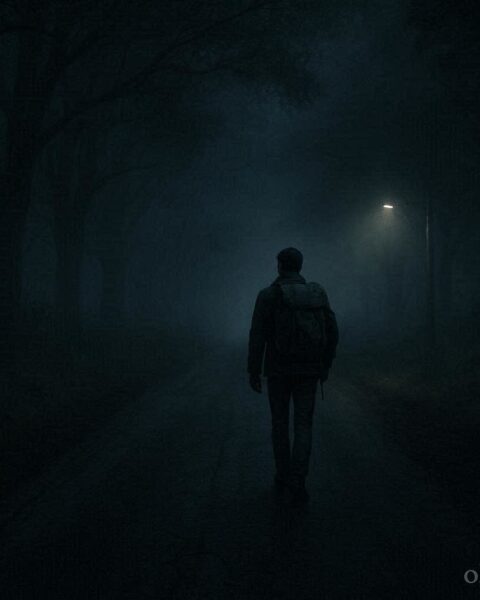 A lone traveler walking on a dark road at night with an unseen presence behind