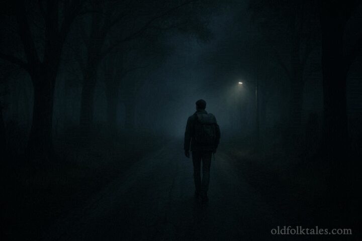 A lone traveler walking on a dark road at night with an unseen presence behind