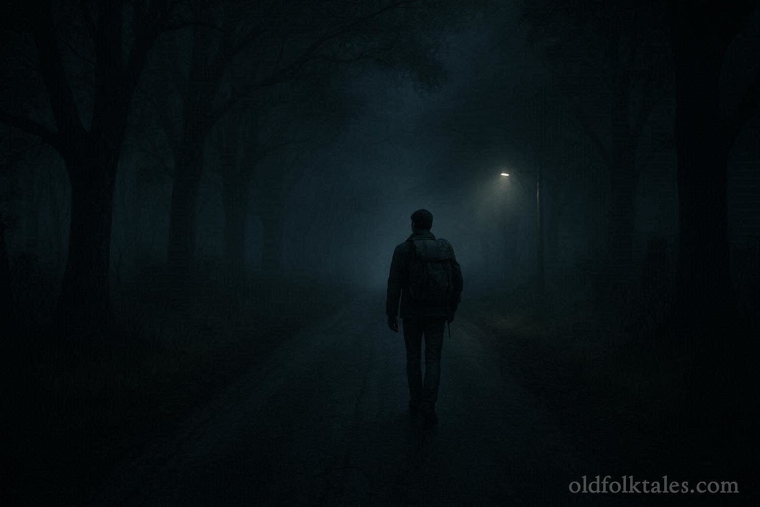 A lone traveler walking on a dark road at night with an unseen presence behind