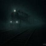 A glowing ghost train traveling on abandoned tracks at night