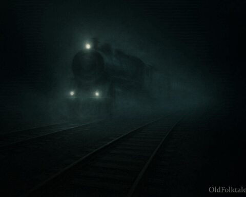 A glowing ghost train traveling on abandoned tracks at night