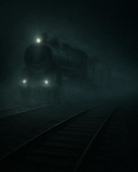 A glowing ghost train traveling on abandoned tracks at night