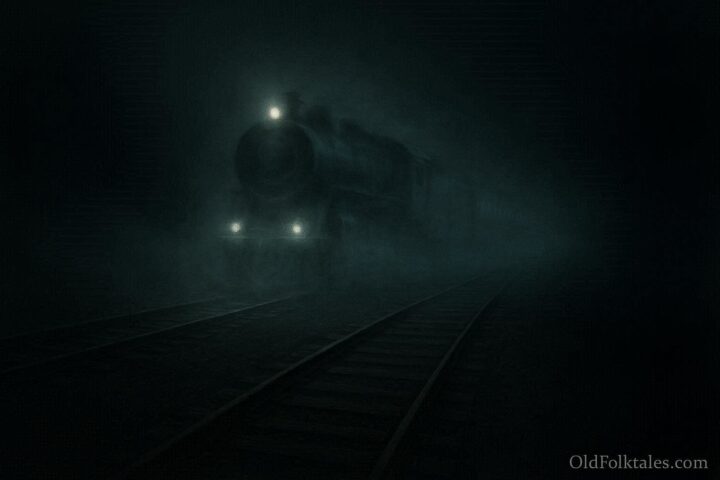 A glowing ghost train traveling on abandoned tracks at night