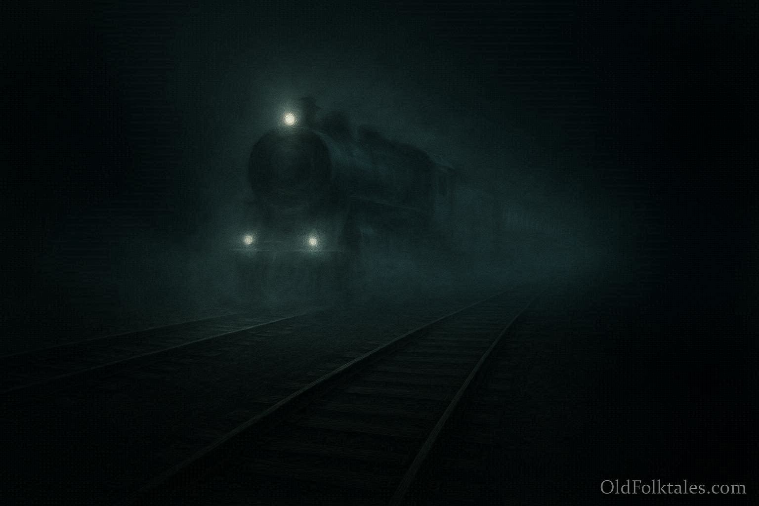 A glowing ghost train traveling on abandoned tracks at night