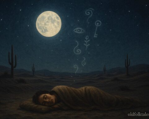 A glowing moon watching over a sleeping person with dream symbols rising into the night sky