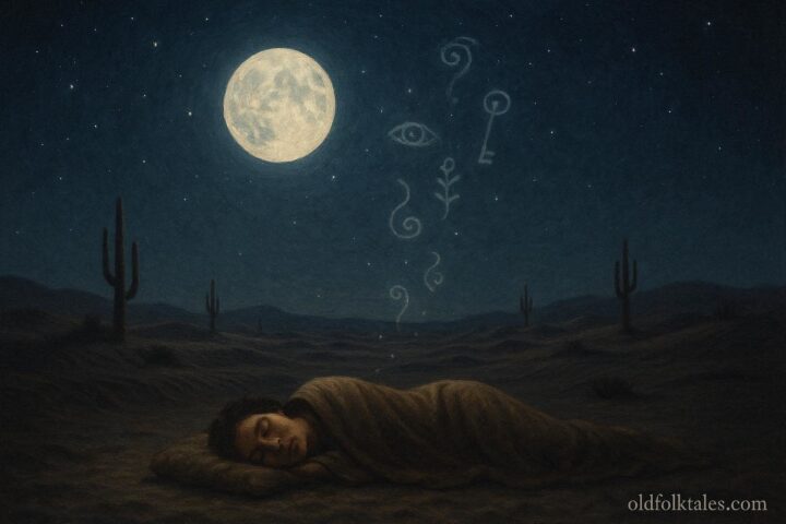 A glowing moon watching over a sleeping person with dream symbols rising into the night sky