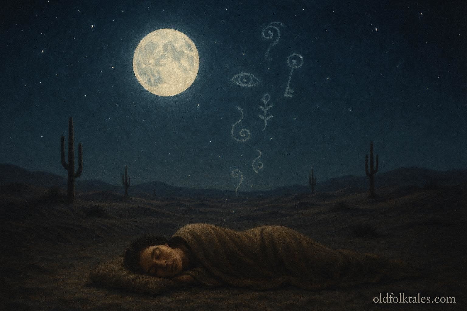 A glowing moon watching over a sleeping person with dream symbols rising into the night sky