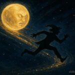 Moon chasing a trickster figure across the night sky with scattered light