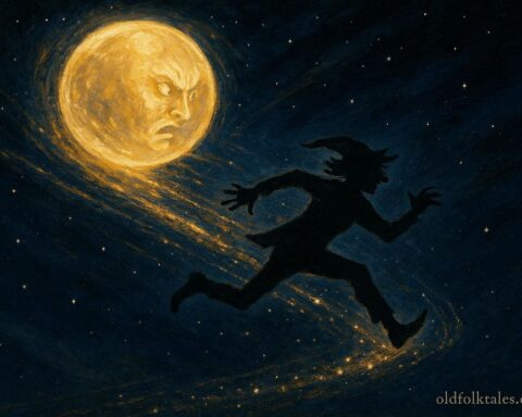 Moon chasing a trickster figure across the night sky with scattered light