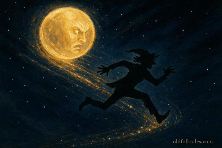 Moon chasing a trickster figure across the night sky with scattered light