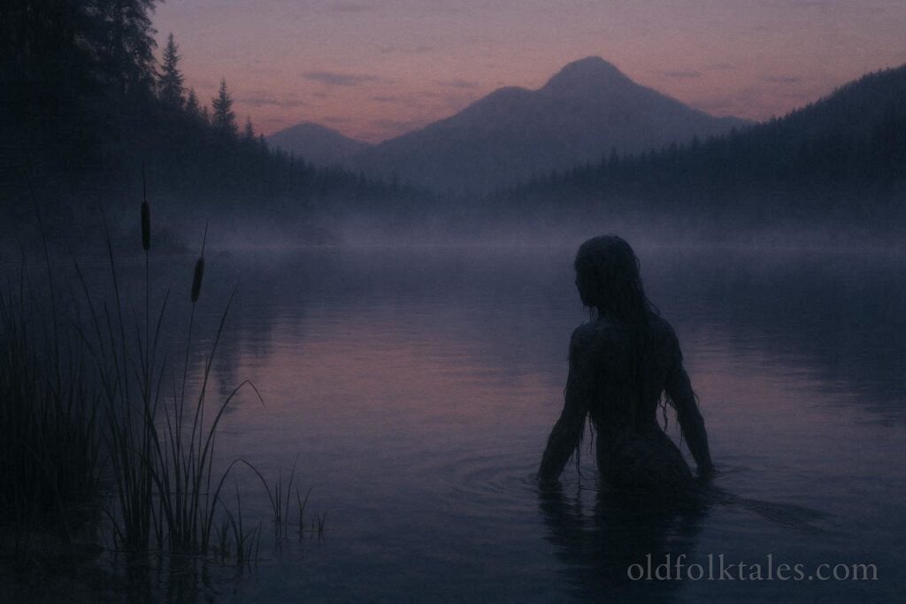 Silhouette of a mud covered mermaid figure rising from Klamath Lake at dusk.