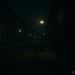 A small red figure standing in a dimly lit city street at night