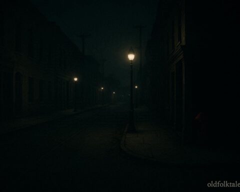 A small red figure standing in a dimly lit city street at night