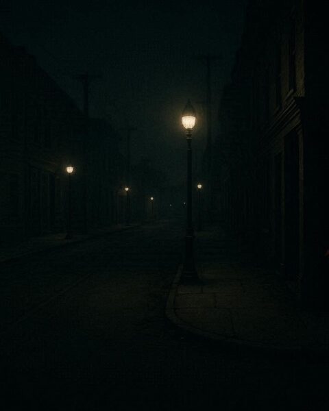 A small red figure standing in a dimly lit city street at night