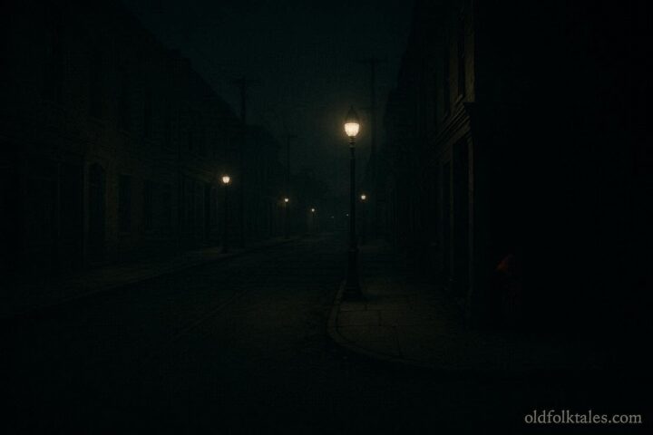 A small red figure standing in a dimly lit city street at night