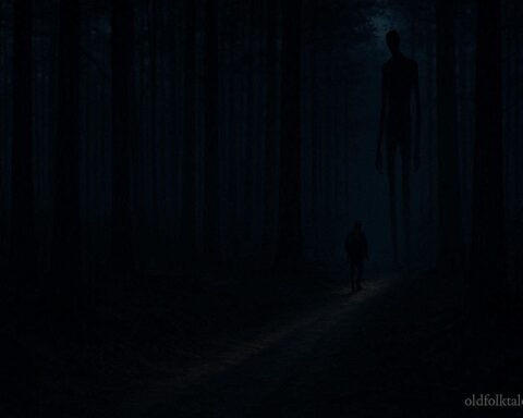 Tall shadow figure standing in a forest representing the Nalusa Falaya spirit legend