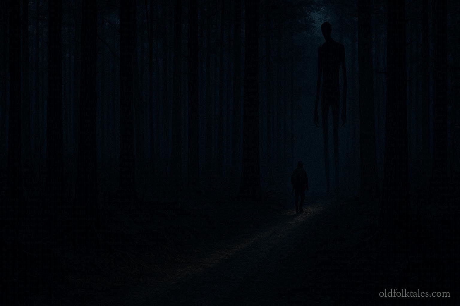 Tall shadow figure standing in a forest representing the Nalusa Falaya spirit legend