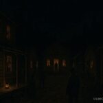 A frontier town trapped in an endless night, with glowing lanterns illuminating worried townspeople