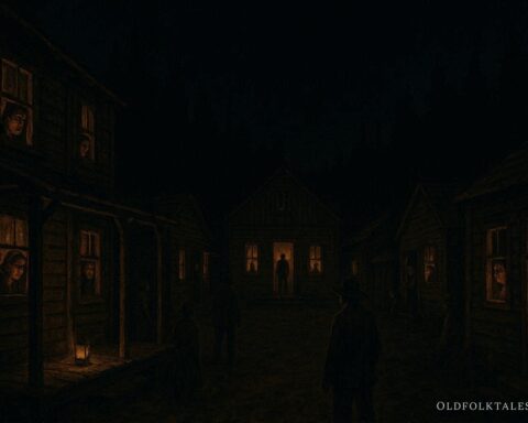 A frontier town trapped in an endless night, with glowing lanterns illuminating worried townspeople