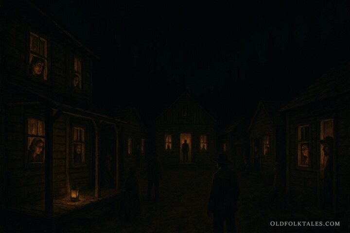 A frontier town trapped in an endless night, with glowing lanterns illuminating worried townspeople