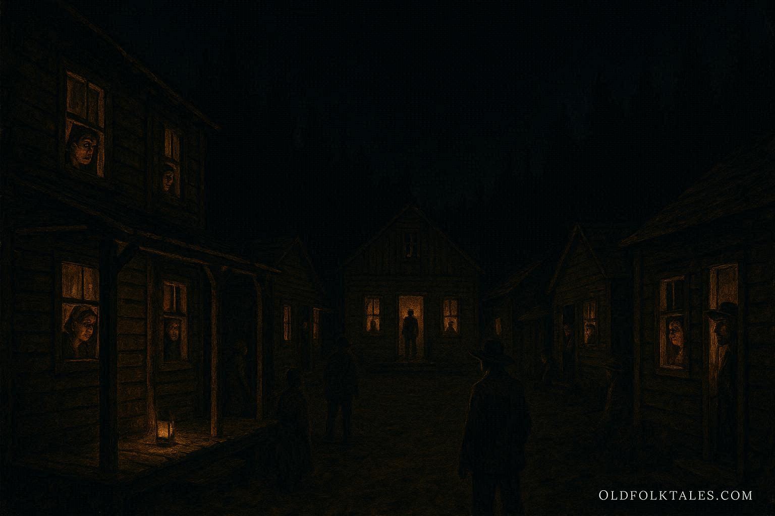 A frontier town trapped in an endless night, with glowing lanterns illuminating worried townspeople