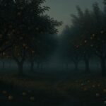 An orchard with ripe fruit hanging on trees but none on the ground