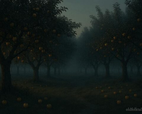 An orchard with ripe fruit hanging on trees but none on the ground