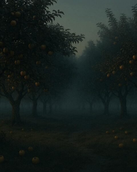 An orchard with ripe fruit hanging on trees but none on the ground