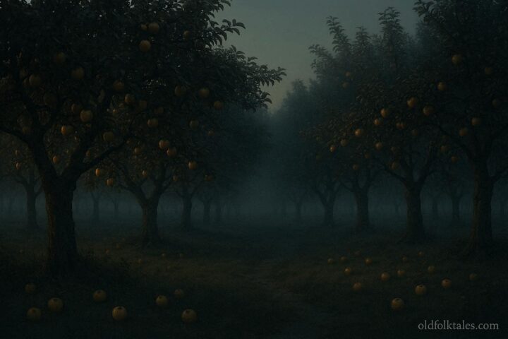 An orchard with ripe fruit hanging on trees but none on the ground